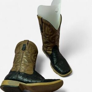 Roper Cowboy Boots Black Tan Leather Square Toe Western‎ Fashion Boots Mens